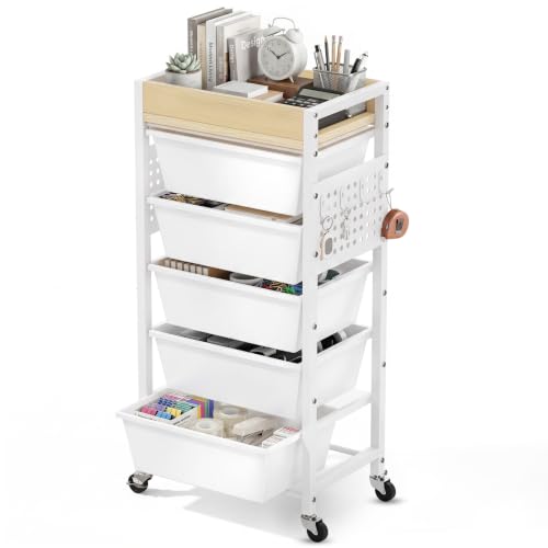 Time Forest White 6-Tier Rolling Cart with 5 Drawers, Wooden Top & Pegboards