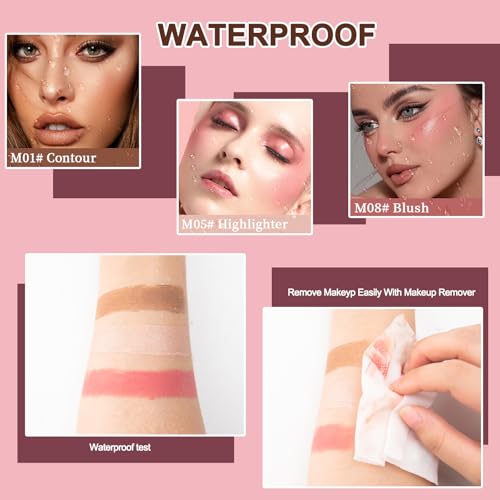 3 Pcs Cream Contour Stick Makeup Kit,Shades with Highlighter Stick,Blush Stick and Bronzer Contour Stick for Brightening and Trimming the Cheeks, Non-greasy, Waterproof Long-lasting Effect(#01,05,08)