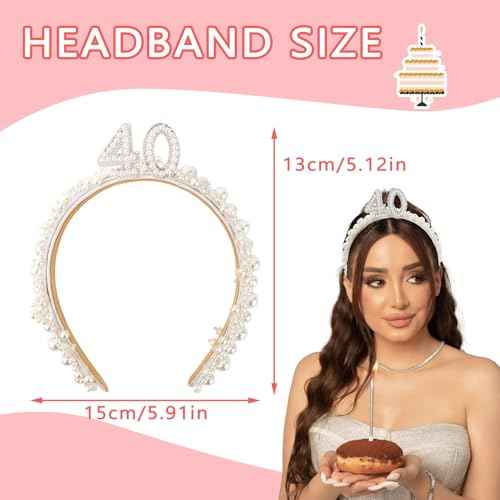 40th Birthday Headband for Women, 40th Birthday Crown for 40th Birthday Outfit Dress for Women, Birthday Headband with Pearl for 40th Birthday Decorations, Happy 40th Birthday Decorations