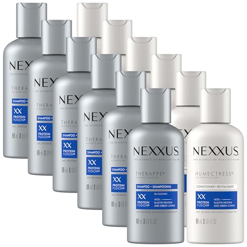 Nexxus Therappe Shampoo & Humectress Conditioner, Travel-Size (6 Sets, 12 Bottles), Elastin Protein & Green Caviar Revive Dry Hair with 24H Moisture, 3 Oz Ea