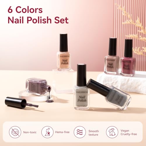 Nude Grays Nail Polish Set - Fast Air Dry, 6 Colors, No Lamp Needed