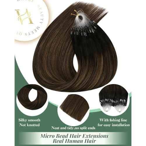 Ugeat Micro Bead Hair Extensions Medium Brown Mix Balayage Dark Brown Microlink Hair Extensions Micro Loop Invisible Natural-Looking No Damage for Women 18 Inch 50S 50G