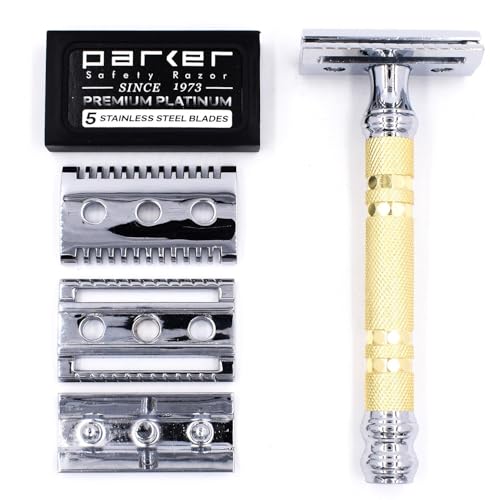 Parker, "The Convertible", Double Edge Safety Razor ? Interchangeable Open & Closed Comb Plates, Solid Brass/Chrome 93?g Handle, Customizable Shave from Mild to Aggressive