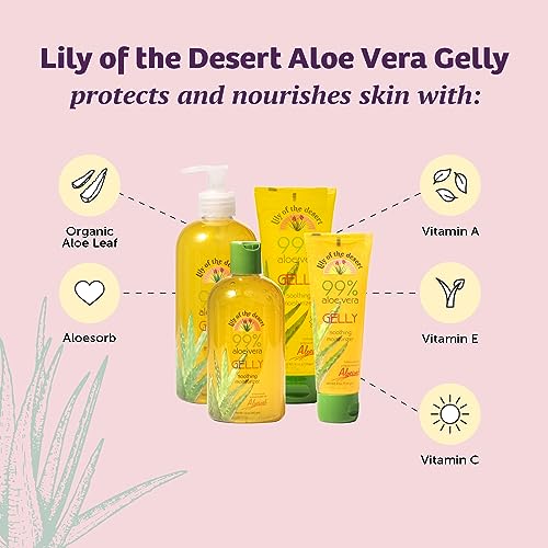 Lily Of The Desert Gelly Moisturizer - 99% Organic Aloe Vera Gel for Skin, After Sun Care with Aloe, Vitamin E Oil, and Vitamin C for Sunburn Relief, 8 Fl Oz (Pack of 2)