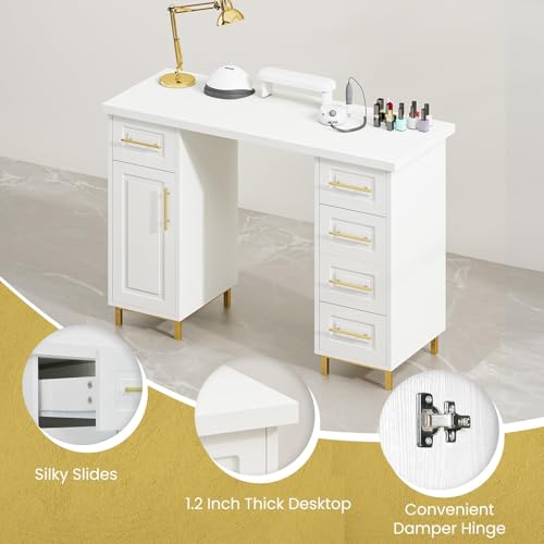 MaverickFurni 43" Nail Tech Desk White with 5 Drawers