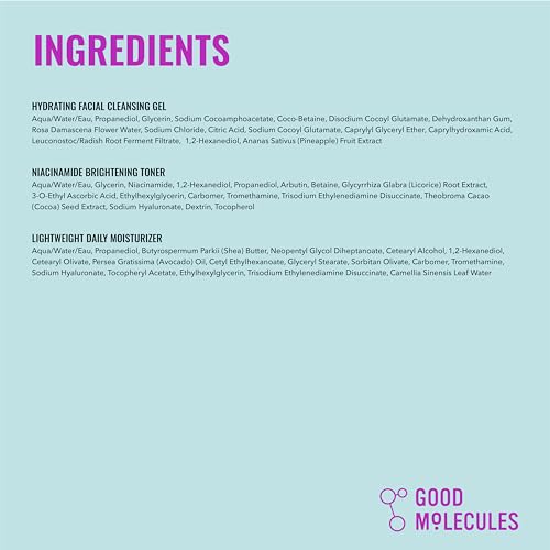 Good Molecules Cleanse, Tone & Moisturize Skincare Set ? Hydrating Facial Cleansing Gel (200ml), Niacinamide Brightening Toner (120ml) & Lightweight Daily Moisturizer (100ml)