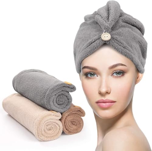 YFONG Microfiber Hair Towel Wrap with Button, 3 Pack
