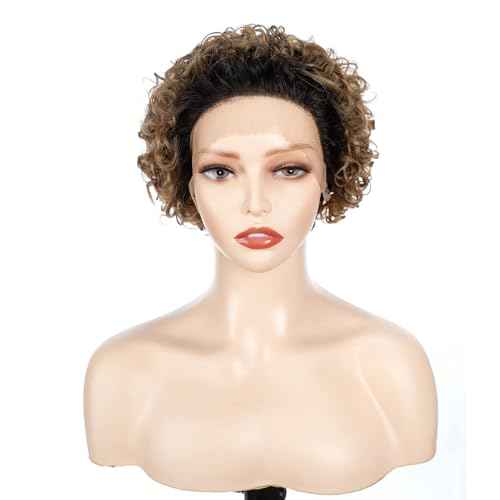 QUEEN VIRGIN REMY QVR Pixie Cut Wig 13x1 Short Curly Lace Front Human Hair HD Lace Pixie Human Hair Wigs for Black Women Glueless Wigs Ombre Honey Blonde T1B/27 Color