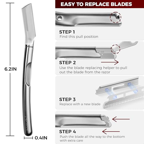 ZOMCHI Eyebrow Razor and Face Razor for Women and Men, Reusable Metal Handle with 11 Refill Blades, Dermaplane Razor with Protective Silicone Cap, Eyebrow Hair Trimmer - Polished Silver