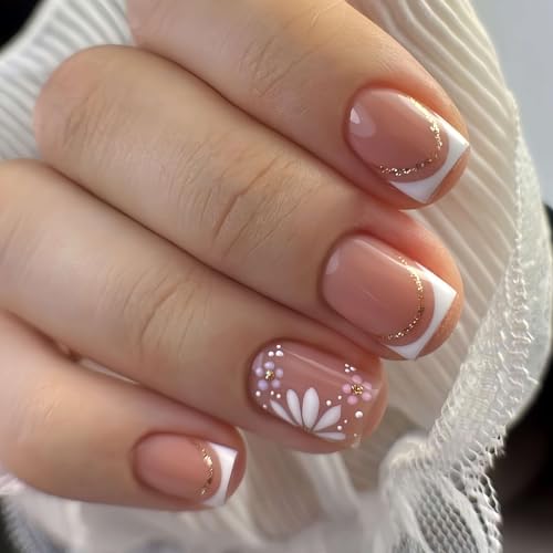 Stbisen 60-Blush Daisy French White Tip Square Press On Nails Short Nude Pink with Gold Glitter & Floral Design