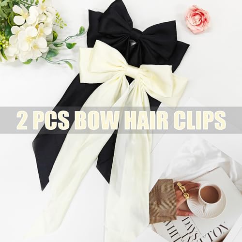 LSxia 2PCS Hair Bows for Women, [Black Hair Bow & Beige White Hair Bows] for Hair, Big Silky Satin Hair Bow Hair Ribbons, Bow Hair Clips Bow Clips for Women, Cute Hair Accessories (Set B)