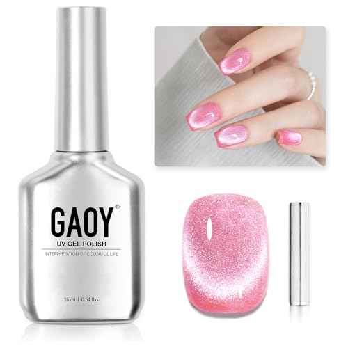 GAOY Cat Eye Gel Nail Polish, 16ml Pink Glitter Holographic Nail Polish with Magnet, Reflective Translucent UV Gel, 2280 Electric Pink