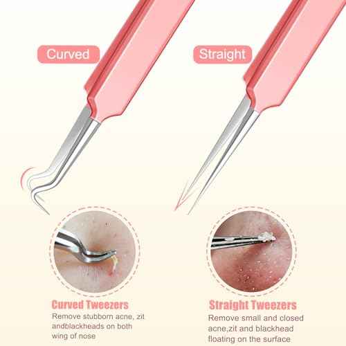 Ingrown Hair Tweezers and Pimple Popper Tool Kit, Pink Blackhead Remover Tools, Pimple Extractor Pore Extractor Eyebrow Razor, Scissor in Leather Travel Case