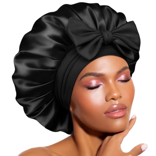 BONNET QUEEN Satin-Lined Sleep Bonnet with Tie Band - Medium Black