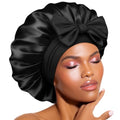 BONNET QUEEN Satin-Lined Sleep Bonnet with Tie Band - Medium Black