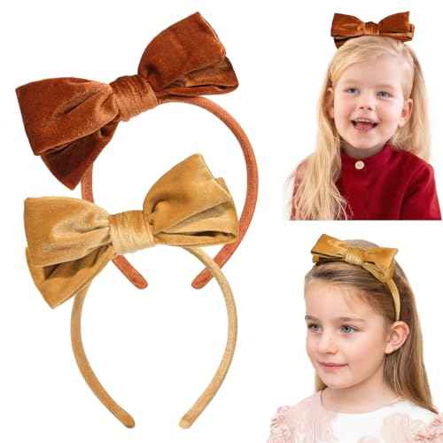 DEEKA Velvet Bow Headband 2 PCS Hair Band Hair Bows with bow Velvet Christmas Hair Accessories for Toddlers Women and Girls (Orange,Gold)