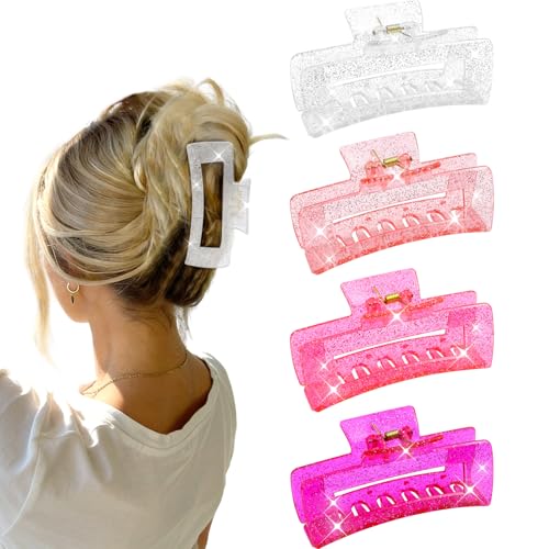 4Pcs Pink Clear Large Hair Claw Clips for Thick Hair