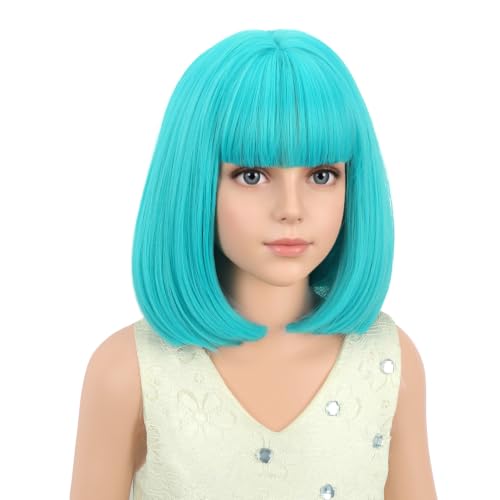 PATTNIUM Kids Teal Blue Short Wig with Bangs for Girls, Cosplay Costume Hair