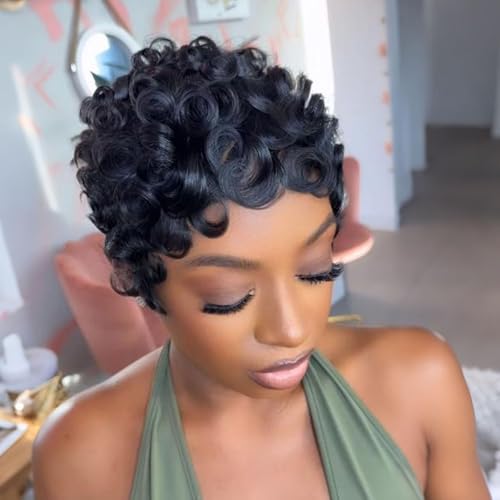 Yviann Short Pixie Cut Wig with Bangs - Black Layered Human Hair