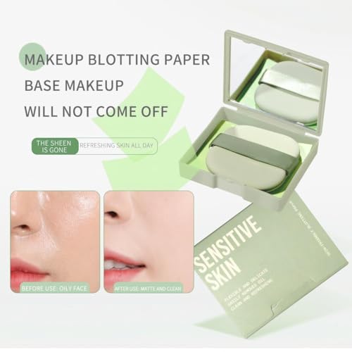 Oil Blotting Sheets for Face - 300 Sheets with Mirror & Puff