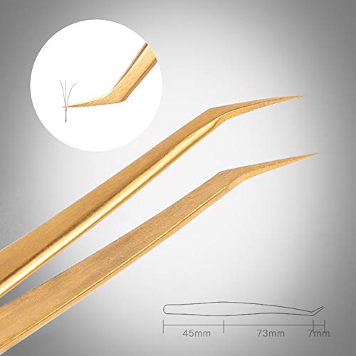 MGER Lash Tweezers for Eyelash Extensions, Hand Calibrated Dolphin-shaped & Curved Tip, False Lash Application Tools, Pack of 2, Gold