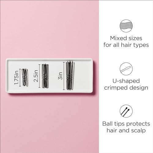 Diane Hair Pins for Women Bulk Pack of 100 Assorted Sizes Jumbo 3, Large 2.5, Medium / Small 1.75 - Black, Crimped Design with Ball Tips, D475-100 Count(Pack of 1)