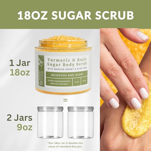 Kojic Acid, Turmeric & Manuka Honey Sugar Scrub, Dark Spots & Brightening - Moisturize and Exfoliate - Body, Hands, Foot, Thighs, Armpits, Bikini Area - Even Skin Complexion - Made in USA - 18 oz Jar