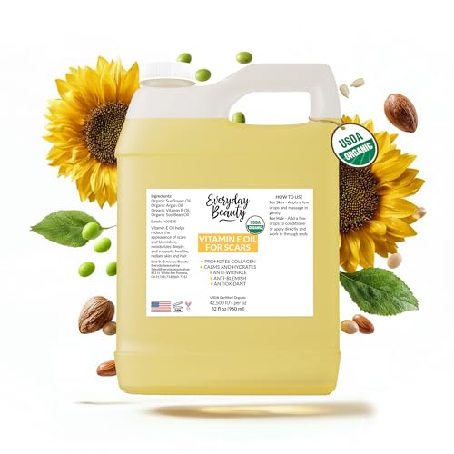Organic Vitamin E Oil Bulk - 32oz USDA Certified 100% All Natural Plant Based - Light and Unscented Great for Scars After Surgery - For Face, Skin and Nails - Anti-Aging, Reduce Appearance of Wrinkles