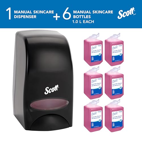 Bundle of Scott¢ç Foam Hand Soap with Moisturizers, 1.0 L Pink, Floral Scent Refills + Scott Essential Manual Skin Care Dispenser, Black) Starter Kit