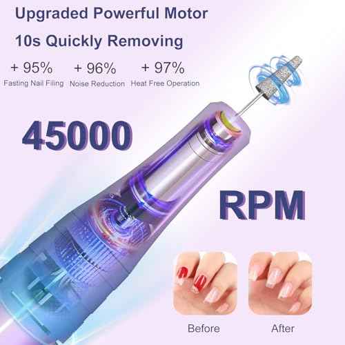 Professional Nail Drill Cordless 45000 RPM, Meremit Electric Nail File with Diamond Decoration, 12Pcs Drill Bits, Large LCD Screen, Rechargeable Electric Nail Machine Drill for Acrylic Gel Nail Polish