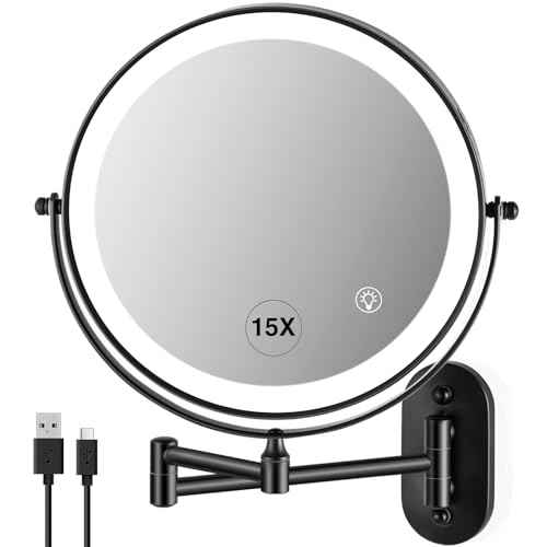 Wall Mounted Makeup Mirror: 1x/15x Magnifying Mirror with 8.5" Double Sided, Vanity Makeup Mirror for Bathroom, Brush Black