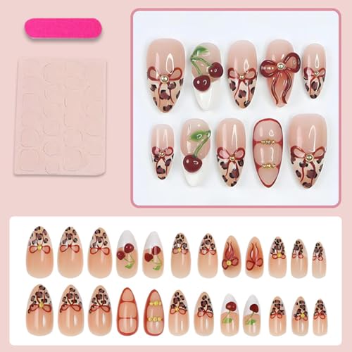 3D Cherry Bow Leopard Print Press On Nails - Long Almond Acrylic Set