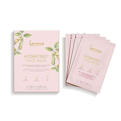 Karuna Skin - Hydrating+ Facial Mask for Well-Moisturized & Hydrated Skin, Glow-Enhancing Facial Skin Care Products, Hydrating Face Masks with Natto, Niacinamide & Sodium Lactate, 4 Sheets per Pack