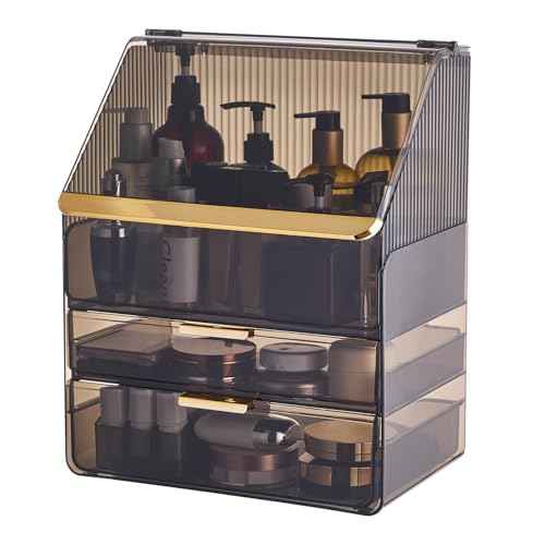 Large Cosmetic Organizer with Lipstick Holder Fully Transparent with Drawers, Dustproof Waterproof Bathroom Counter Storage for Skincare Lipstick Makeup Brushes(Black)