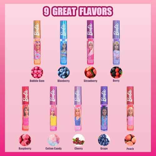 Barbie Lip Gloss with Acrylic Stand for Storage and Display, Plant Based Lip Gloss, Perfect for Parties, Sleepovers, Makeovers, Birthday Gift for Girls, Age 3+, by Townley Girl