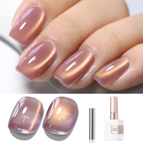 Double Rhythm Cat Eye Gel Nail Polish 15ML Golden Violet with Magnetic Holographic Glitter - Brown Purple Variant