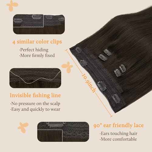 DOORES Wire Hair Extensions 18 Inch 95g Remy Human Wire Hair Extensions Invisible Transparent Line Adjustable Hairpieces Secret Extensions Straight Hair Light Dark Brown