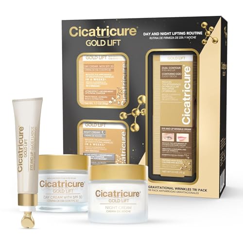 CICATRICURE Gold Lift Anti Gravitational Wrinkles Skin Care Gift Set with Day Anti-Wrinkle Cream + SPF 30 , Night Anti-Wrinkle Cream & Dual Contour Eye and Lip Wrinkle Cream, 3 Piece Set