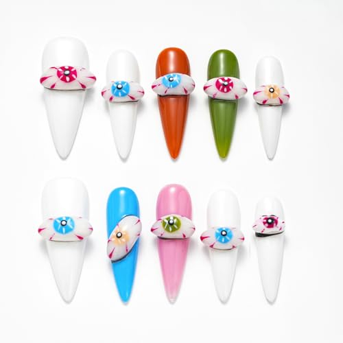 Colorful Hand-pained Devil eyes Handmade Press On Nails,Long Stiletto Glue On Nails,3D Relief Mesmerizing False Nails For Women And Girls,10Pcs/Set With Glue,(White-S),FOB