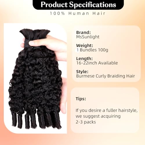 MsSunlight 16 Inch Burmese Curly Human Hair Extensions 15A Boho Braiding 100g Bundle