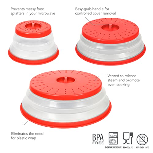 Tovolo Microwave Splatter Cover for Food, 3-Pack (Candy Apple Red) - Collapsible & Vented Silicone Splatter Guard Lid - Microwave Plate & Dish Cover with Handle - BPA-Free Kitchen Gadget for Meal Prep