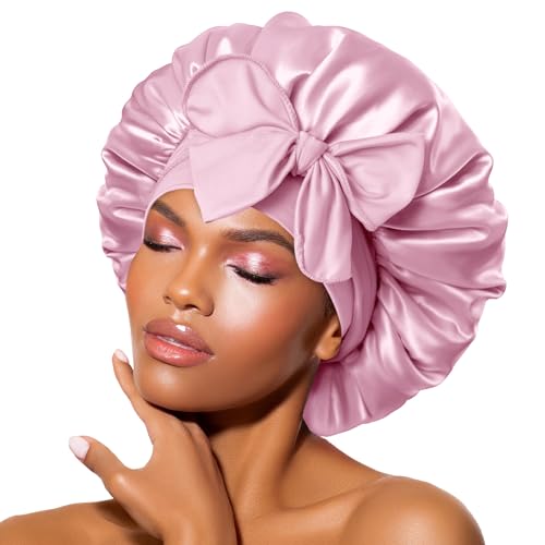 BONNET QUEEN Silk Bonnet for Sleeping Women Satin Bonnet Hair Bonnet Night Sleep Cap Scarf Wrap for Curly Hair with Tie Band Light Rose Gold