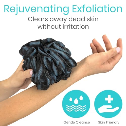 Vive Loofah Sponge Replacement (4 Pk) Shower & Bath Pouf Scrubber for Back & Body Exfoliation, Works with Vive Interchangeable Loofa Handle Long Brush (Replacement Sponge Black and Blue (4 Pack), 4)