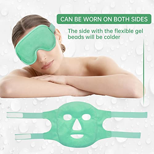 Cooling Ice Face Eye Mask for Reducing Puffiness, Bags Under Eyes,Sinus,Redness,Pain Relief,Dark Circles, Migraine,Hot/Cold Pack with Soft Plush Backing(Green(1* Eye Mask+1*Face Mask))