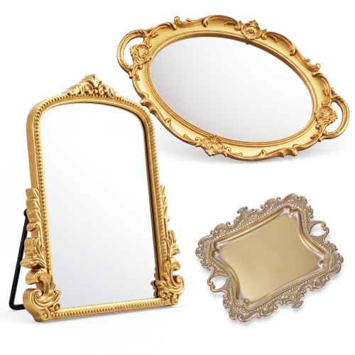 Vintage Gold Mirror & Jewelry Tray Set - 3 Piece