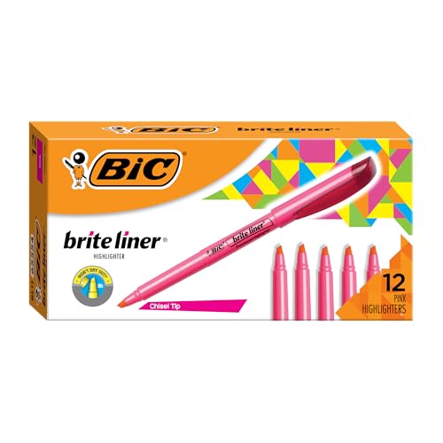 BIC Brite Liner Highlighters, Chisel Tip, 12-Count Pack of Pink Highlighters, Ideal Highlighter Set for Organizing and Coloring