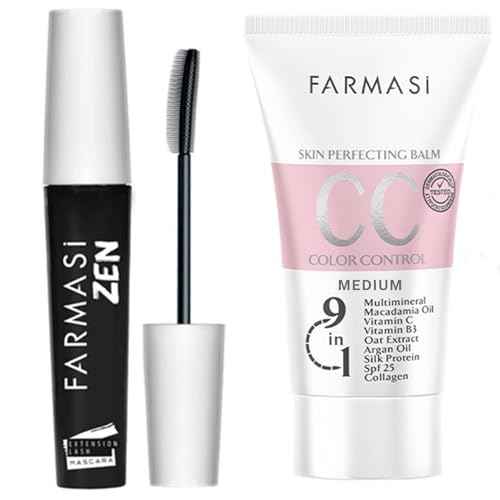 FARMASi Makeup CC Cream 1.7 Fl Oz (Medium), Pure, Natural and Flawless Finish, Medium to Full Coverage, All-Day Hold, All Skin Types, Zen Mascara Extension Lash 0.27 Fl Oz