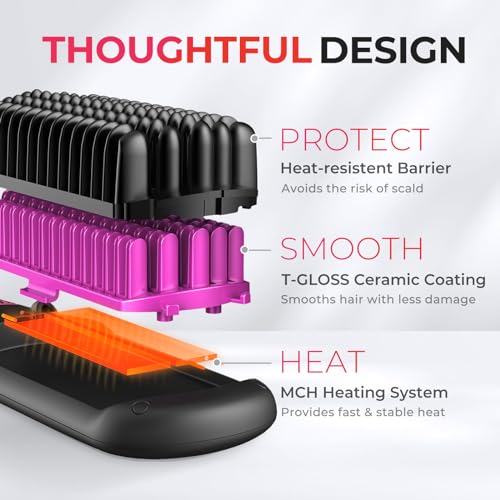 TYMO Ionic Hair Straightener Brush - 16 Heat Settings, Negative Ions, LCD, Dual Voltage