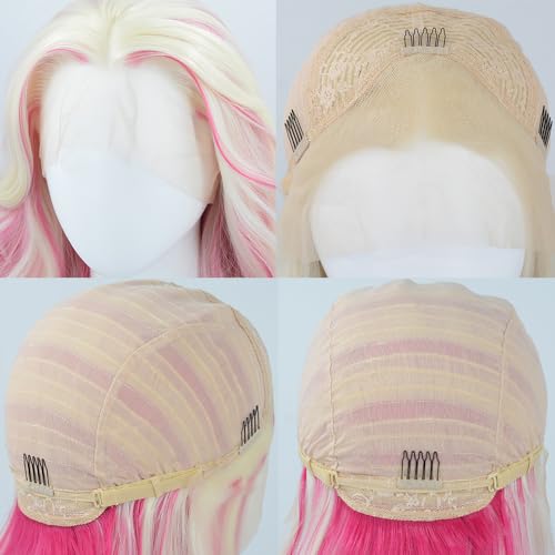 Long Wavy Hot Pink White Lace Front Wig Pink Skunk Stripe Platinum Blonde New Synthetic Hair For Women