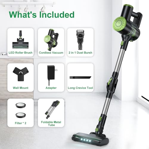 PRETTYCARELIFE Cordless Vacuum Cleaner, 6 in 1 Lightweight Stick Vacuum Self-Standing with Powerful Suction, 180° Bendable Wand Rechargeable Cordless Vacuum for Hardwood Floor (Green)